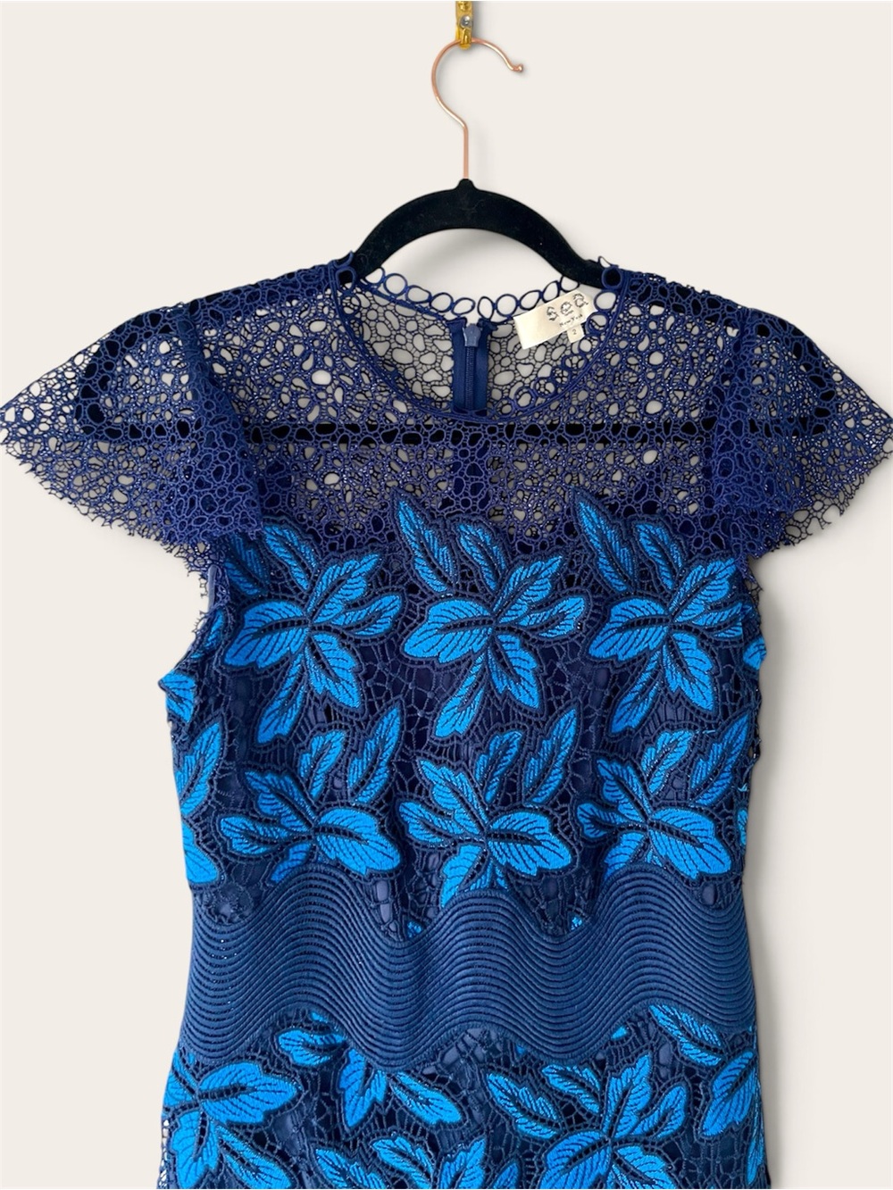 Sea New York Navy and Bright Blue Floral Lace Midi Dress - Picture 3 of 4